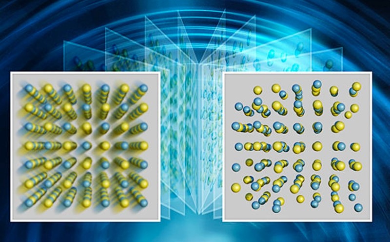 Ilustracija koja prikazuje atomsku strukturu GeTE-a pri sporijim (lijevo) i brzim (desno) brzinama zatvarača