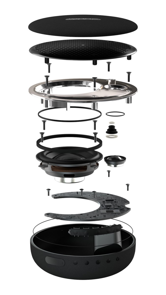 U eksplodiranom prikazu Portable BT Speakera možemo vidjeti sve njegove dijelove, uključujući način izvedbe IPX4 zaštite od prskanja