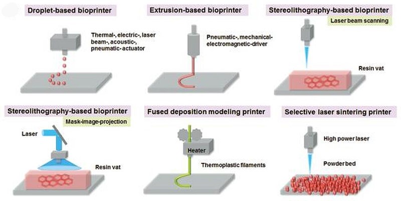 Shematski prikaz različitih tehnologija 3D-biotiska  📷 Shavandi et al. via Wiley