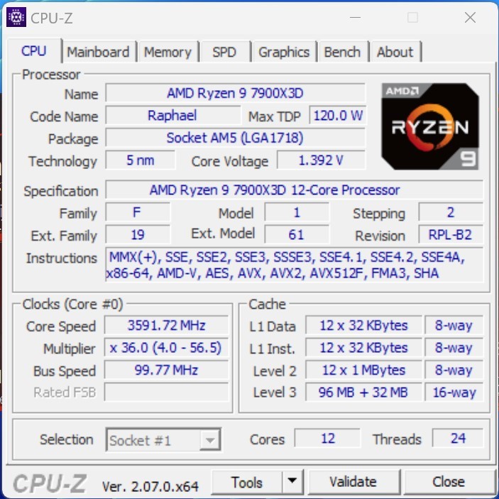 AMD-ov Ryzen 9 7900X3D posjeduje ukupno 12 Zen 4 jezgri, kao i dodatnih 64 MB 3D cache predmemorije