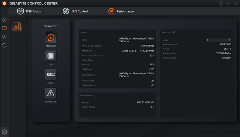 Gigabyteov Control Center omogućuje podešavanje RGB osvjetljenja, kontrolu brzine ventilatora, te nudi osnovne opcije za optimizaciju performansi procesora