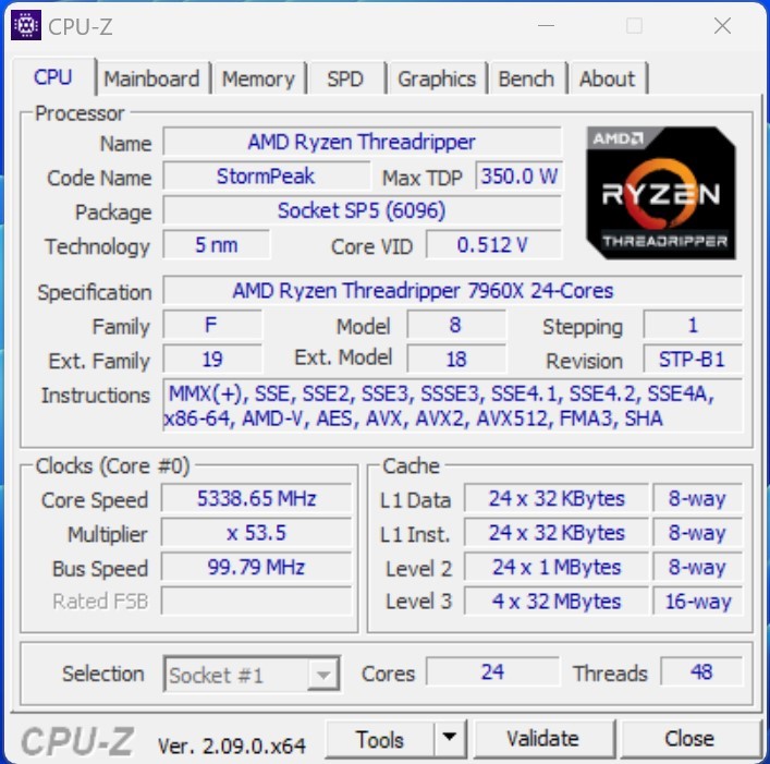 Ryzen Threadripper 7960X nominalno je cjenovno najpristupačniji Threadripper najnovije generacije, a posjeduje ukupno 24 jezgre i temeljen je na arhitekturi Zen 4