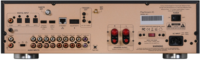 U bogatoj ponudi konektora nedostaje nam samo HDMI-ARC, koji bi omogućio spajanje PlayStreama A5 na televizor, sinkronizirano uključivanje i kontrolu glasnoće pomoću jednog daljinskog upravljača. To sučelje nudi skuplji PlayStream A7. Sve ostalo je tu, uključujući gramofonsko pretpojačalo (MM/MC) i konektore potrebne da bi PlayStream A5 radio kao pretpojačalo, ili samo kao pojačalo
