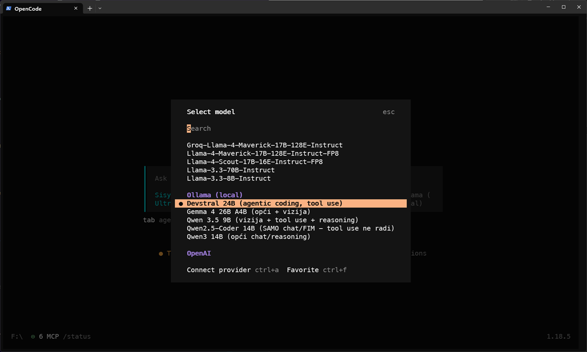 OpenCode je otvoreni agentski harness s istim mogućnostima kao komercijalna rješenja, no model se bira slobodno, uključujući i onaj koji se vrti lokalno kroz Ollamu 📷 https://opencode.ai/