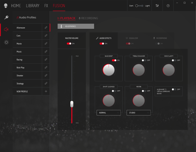 Koristite li headset u kombinaciji s njegovom USB zvučnom karticom, Alienwareov upravljački softver omogućit će vam fino podešavanje zvuka pomoću ekvilizatora i raznih efekata