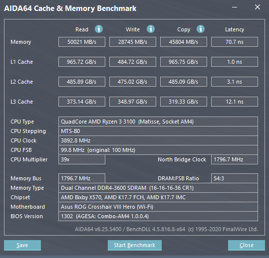 Memorijski i cache test za Ryzen 3 3100