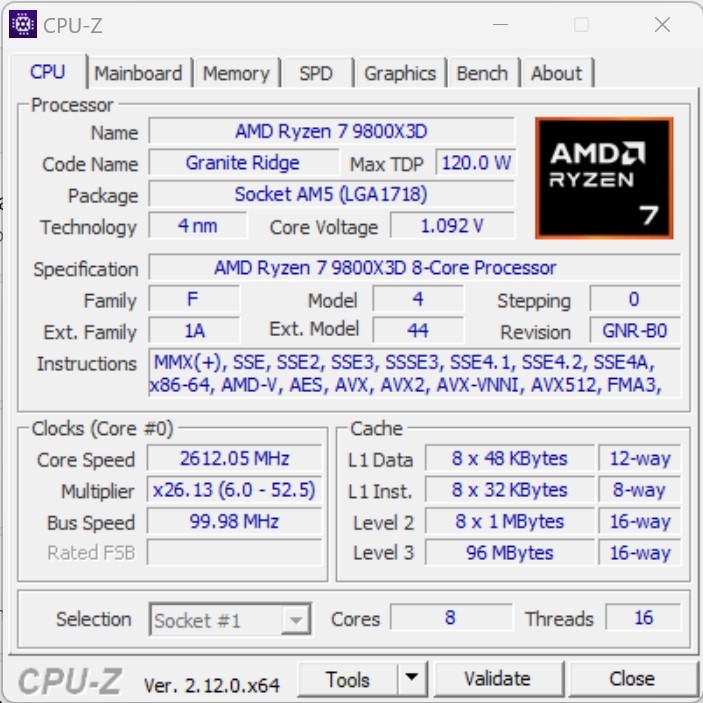 Ryzen 7 9800X3D posjeduje ukupno osam Zen 5 jezgri, koje rade na maksimalnom radnom taktu od 5.225 MHz