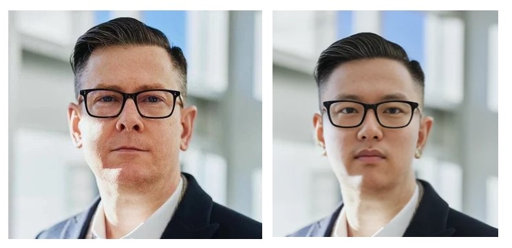 Lijevo: originalna stock fotografija, desno: na temelju stock fotografije AI generirana profilna slika lažnog kandidata za posao