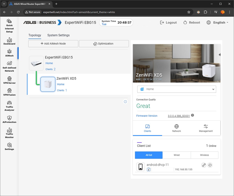 Premda recenzirani router sam za sebe nema Wi-Fi povezivost, nema ništa protiv "iskorištavanja" spojenih Wi-Fi uređaja za omogućavanje bežične mreže – u ovom slučaju, mesh čvor ZenWiFi XD5 pružio je 2,4 i 5-gigahercnu bežičnu mrežu