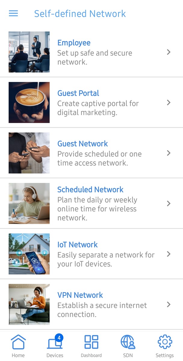 SDN-ovi se mogu kreirati iz web-sučelja ili mobilne aplikacije. Radi se o vrlo praktičnom načinu za dodavanje tipskih bežičnih mreža; takvo što kod kućnih se mesh sustava u pravilu ne viđa