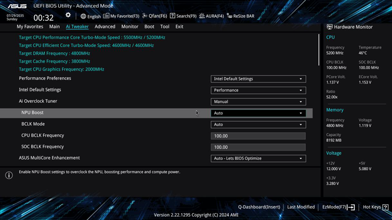 Funkcija NPU Boost našla je svoj put i do modela Prime Z890-P WiFi. Riječ je o tri moguće razine overklokiranja NPU jedinice, za povećanje performansi do 25%