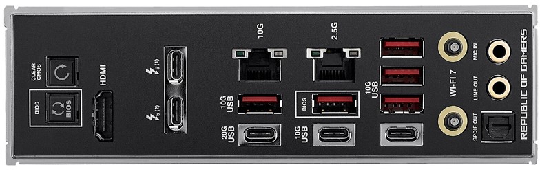 Čak pet stražnjih USB-ova izvedeno je u Type-C varijanti, a našlo se mjesta i za dvije Ethernet kartice. Zanimljivost su analogni audiokonektori, koji, dok je ploča pod naponom, svijetle odgovarajućim bojama