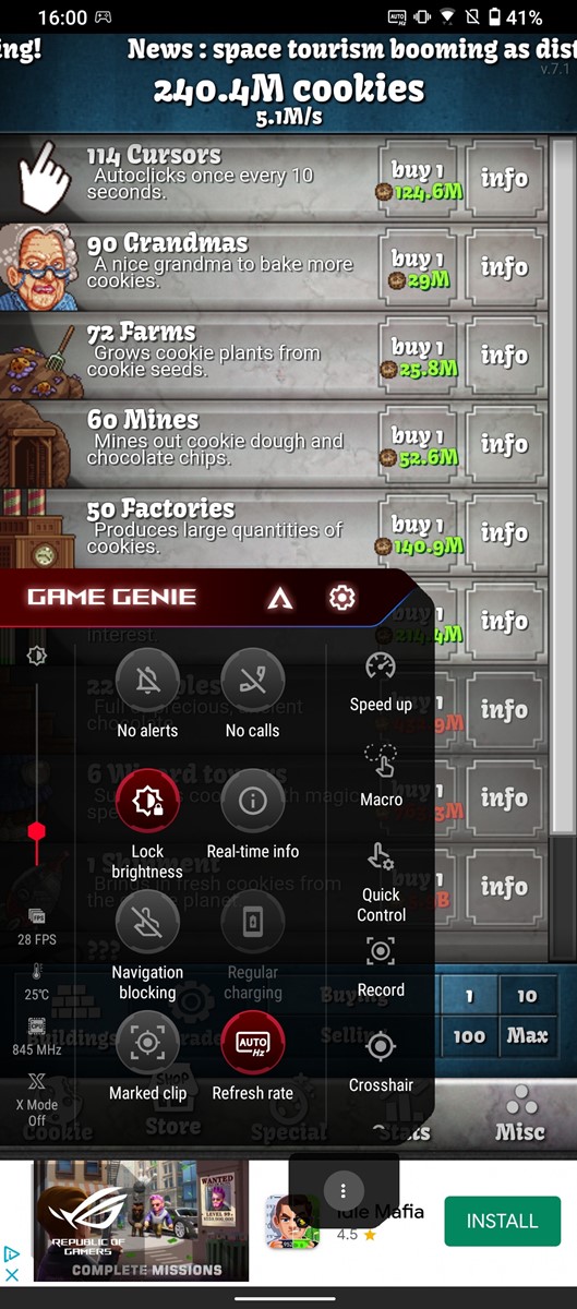 Game genie sučelje omogućava upravljanje raznim postavkama bez potrebe za izlaženjem iz aplikacije, što je idealno kada ste u oštrom fokusu tijekom napete partije Cookie Clickera
