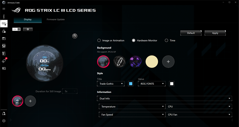 Glavni izbornik aplikacije Armoury Crate. Možemo birati između šačice preddefiniranih animacija, učitati svoju JPG ili GIF datoteku, ili postaviti boju pozadine iz priložene palete