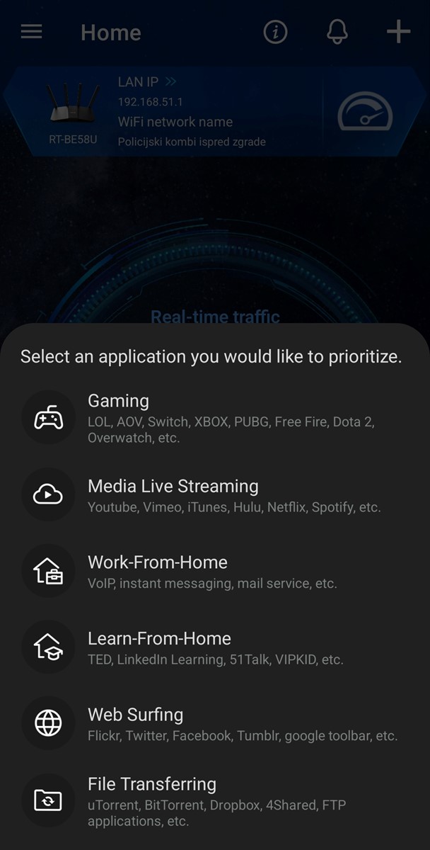 Na glavnom ekranu aplikacije odabiremo koja vrsta primjene nam je "glavna", čime zapravo vršimo prioritizaciju mrežnog prometa