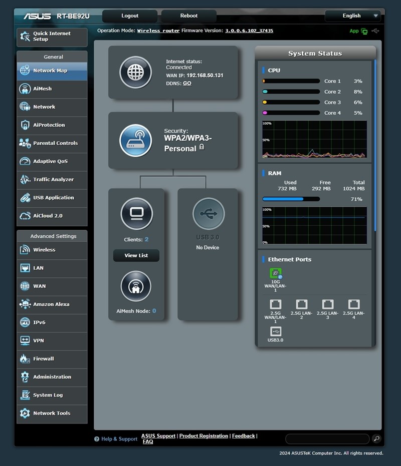 Napredniji korisnici posegnut će za web-sučeljem, koje uredno izlaže brojne mogućnosti operacijskog sustava ASUSWRT