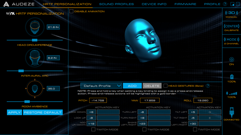 Vrlo jednostavan upravljački softver omogućuje nam odabir zvučnih profila te podešavanje 3D tehnologije koja prati pomake naše glave