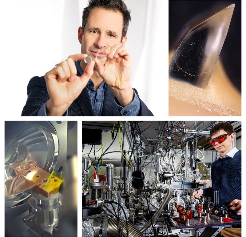 Kristal torija velik je otprilike jedan milimetar; Pogled unutar eksperimenta: laser prolazi kroz rupu u paraboličnom zrcalu, udara u kristal, a zatim u žuti fluorescentni zaslon 📷 TU Wien