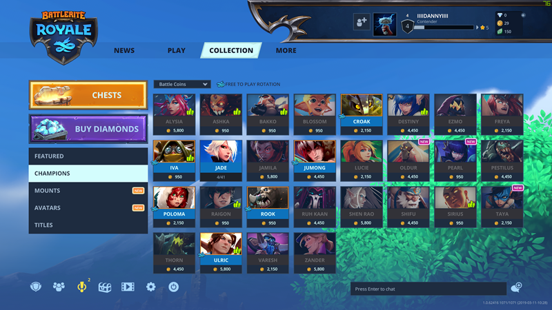 Igra trenutačno nudi 28 junaka – svaki tjedan besplatno je dostupan određeni broj, no ako junake želimo posjedovati, možemo ih kupiti in-game valutom ili stvarnim novcem