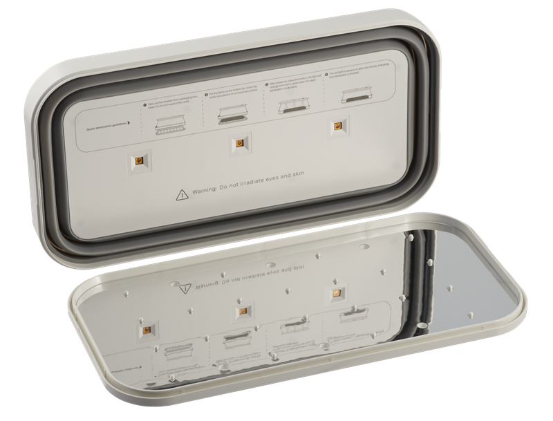 Tri UVC LED-ice zaslužne su za sterilizaciju, a uz njih objašnjeno je kako koristiti sterilizator, te stoji upozorenje da svjetlosti tih LED-ica ne izlažete oči i kožu