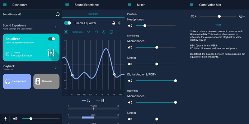 Mobilna aplikacija za upravljanje ovom zvučnom karticom preko Bluetootha moćan je i dobrodošao dodatak, koji ima gotovo sve mogućnosti desktop rješenja, a namijenjena je prije svega onima koji će Sound Blaster G3 koristiti na konzolama