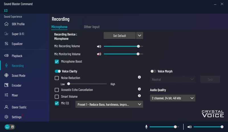 Kategorija Recording nudi brojne opcije vezane uz konfiguraciju mikrofona, uključuujući filtre za utišavanje pozadinske buke, ekvilizator glasa, kao i efekte za njegovu potpunu promjenu
