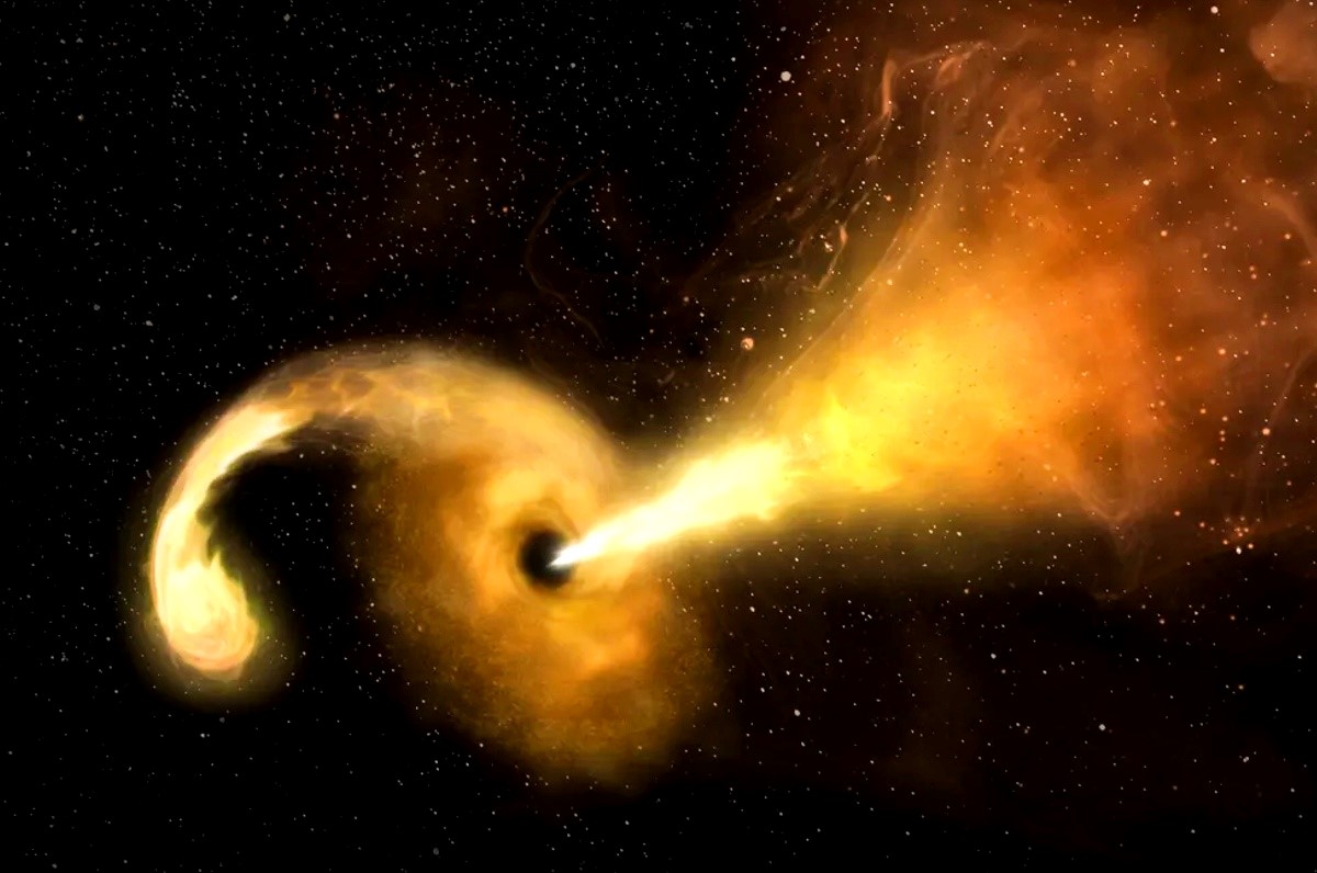 Ilustracija crne rupe koja trga zvijezdu na komadiće dok emitira snažan snop energije u svemir  📷 NRAO/AUI/NSF/NASA