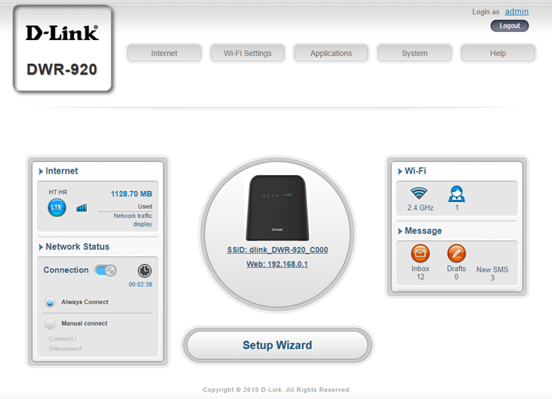 Glavni ekran web-sučelja prikazuje potrošnju prometa, spojene bežične klijente i pristigle SMS poruke