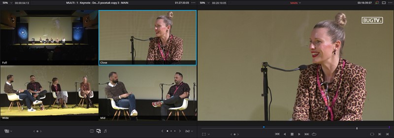 Snimate li nešto paralelno s dvije, tri ili četiri kamere, kao što se snima Bug Future Show, nećete ručno cijepati isječke, nego ćete napraviti multi-cam vremensku liniju, i onda u glavnoj vremenskoj liniji birati koji kadar želite u danom trenutku