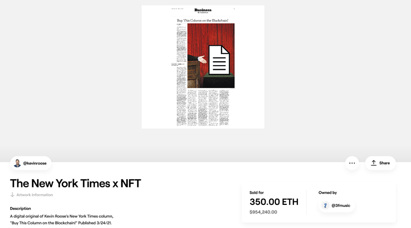 The New York Times x NFT screenshot. Izvor: foundation.app