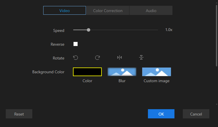 Postavke isječka u vremenskoj liniji koje se odnose na video...