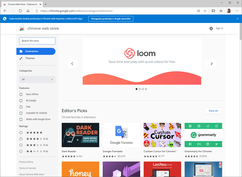 Edge podržava proširenja iz Microsoftove trgovine, ali sada podržava i praktično sva proširenja iz Chromeove trgovine proširenjima. Samo u Edgeu treba omogućiti njihovu instalaciju tek jednostavnim klikom na tu opciju