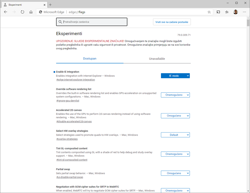 Novi Edge također ima eksperimentalne mogućnosti koje se mogu aktivirati i deaktivirati po želji - u adresnu traku samo valja utipkati edge://flags/