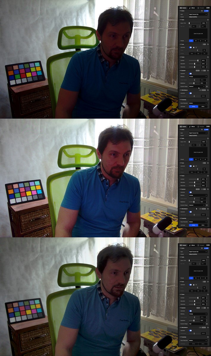 Primjer različite postavke za dinamički opseg (Dynamic Range) – na gornjoj slici odabrana je opcija Standard, i tu je očito da je dinamički opseg u kadru prevelik (presnažno dnevno svjetlo probija kroz zadnji prozor), zbog čega je lice gotovo u mraku. Na slici u sredini odabrana je opcija Wide, koja je lice izvukla iz mraka i ostavila dobar kontrast, iako su boje prezasićene. Na posljednjoj slici odabrana je opcija High, što se odnosi na HDR tehniku, kod koje lice nije baš toliko jako izvučeno iz tame kao kod opcije Wide (tu mogu pomoći postavke za svjetlinu i kontrast), ali boje nisu prezasićene. Naravno, u takvoj situaciji najbolje bi bilo dodati nekakvo, gotovo bilo kakvo svjetlo, koje bi obasjavalo lice, ali ako to ne možete, ove dodatne opcije za dinamički raspon doista su korisne