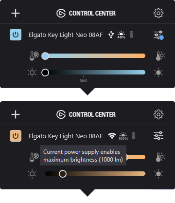 Ovako Control Center izgleda pod Windowsima, kad je Key Light spojen preko USB Type-A porta na računalu te kad je spojen izravno na strujni adapter te se njime upravlja preko Wi-Fija