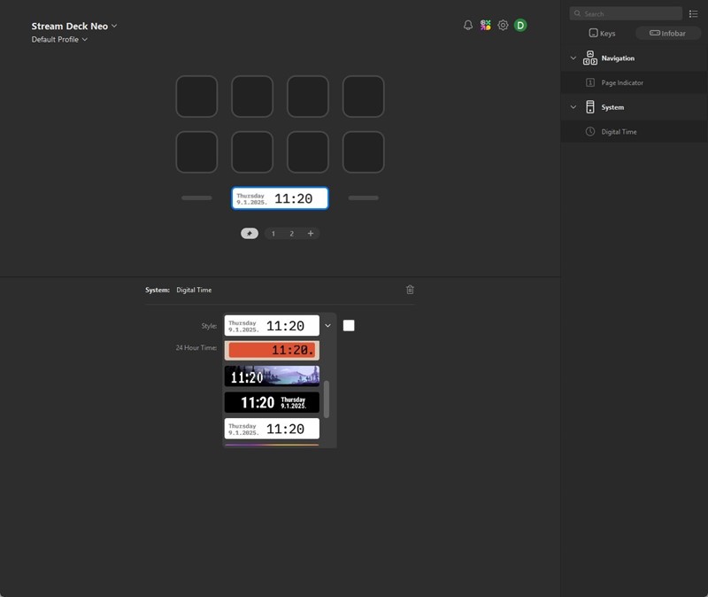 Infobar, široki ekran između dviju dodirnih tipki, namijenjen je prikazu datuma i vremena, ili vremena i trenutačno odabrane "stranice". Poput ostatka uređaja, konfigurira se unutar aplikacije Stream Deck