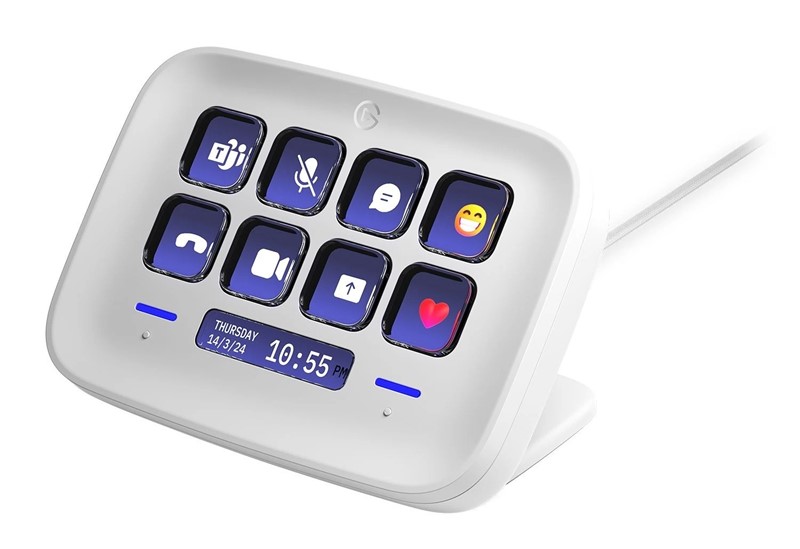 Primjer integracije s Teamsom ilustrira kako se Stream Deck Neo može namjestiti za brzo isključenje mikrofona i kamere, slanje reakcija i slične radnje