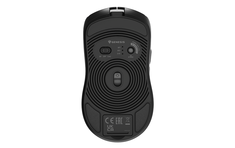 Donja strana miša skriva prekidač za DPI profile, način spajanja, ali i spremnik za bežični prijamnik