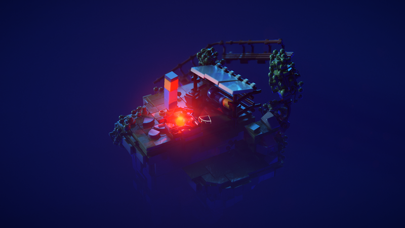 Primjer scene s dva izvora svjetla - mjesecom i logorskom vatrom.  Ovo je varijanta s ray tracingom