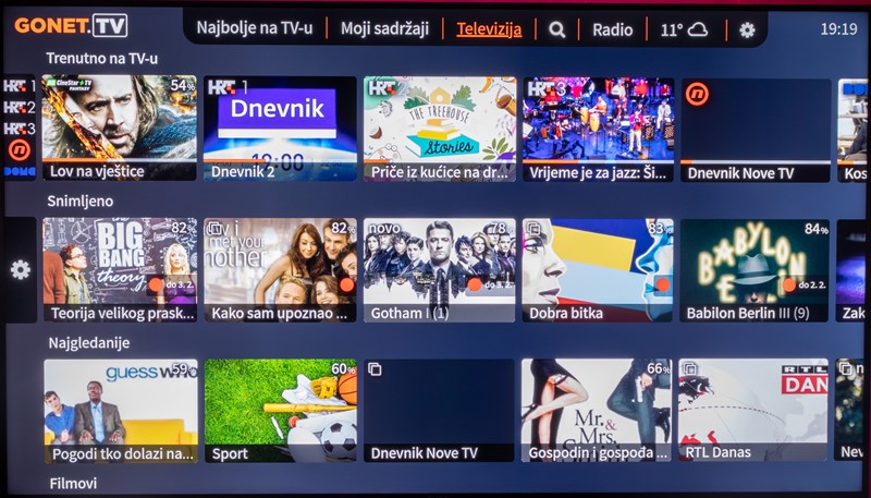 Glavni ekran sučelja GONET.TV-a, na kojem lako dolazimo do programa uživo, kao i snimljenih i najpopularnijih sadržaja