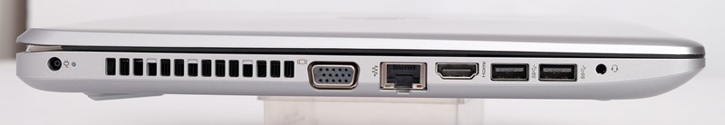 Na lijevom boku su: konektor za napajanje, VGA, RJ-45 mrežni konektor, HDMI, 2x USB 3.1 Gen1, konektor za slušalice