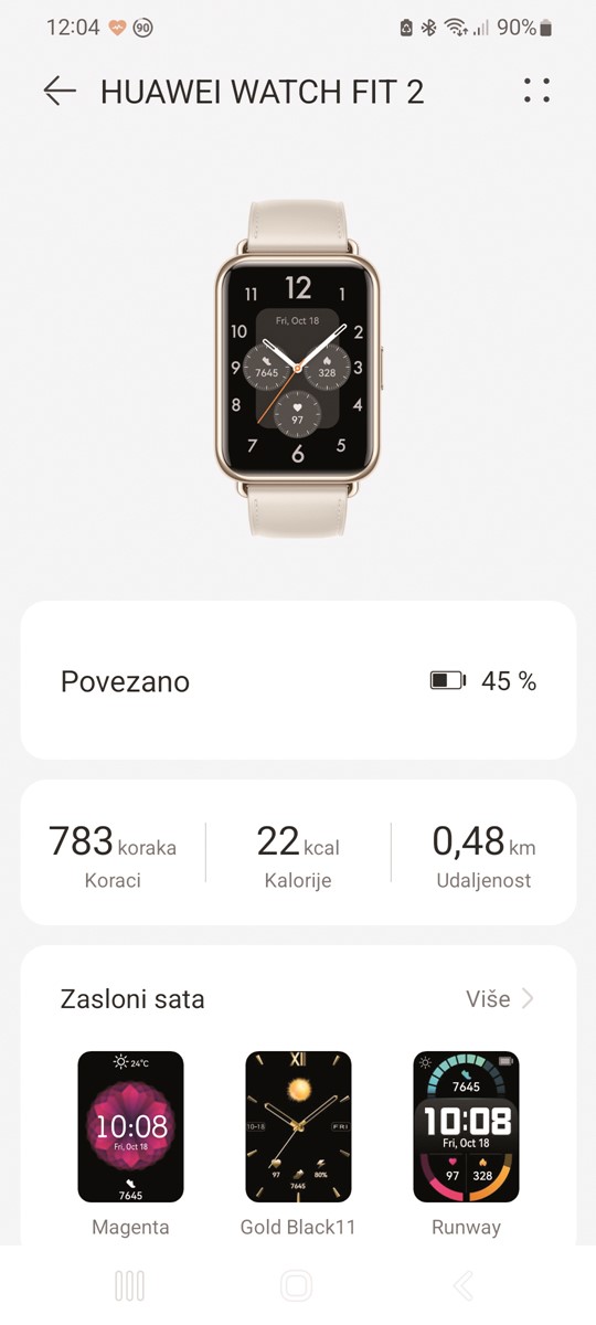Huawei Zdravlje (Health) univerzalna je aplikacija za sve Huawei uređaje, pa se preko nje upravlja s postavkama i sadržajem Watch Fit 2 sata