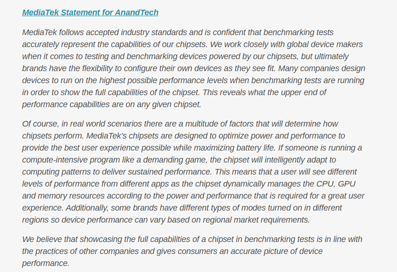 MediaTekovo priopćenje portalu Anandtech   Izvor: Anandtech