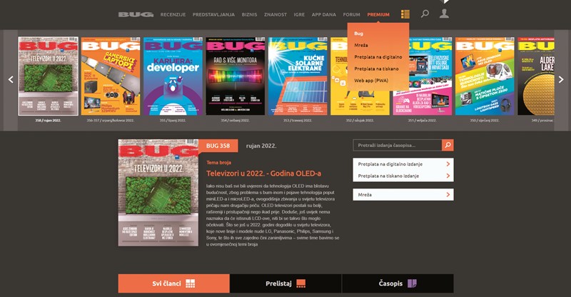 Premium sadržajima pristupate kroz glavni meni na naslovnici Bug.hr-a (ilustracija prikazuje kako web izgleda s uključenom "tamnom temom")