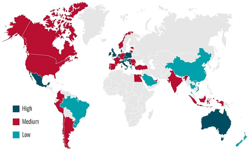 Istraživači su usporedili šest pokazatelja, a svaka je nacija pritom klasificirana kao ona koja daje visoki, srednji ili nizak prioritet pripremi radne snage za AI, ovisno o tome koliko je svaki aspekt njihovog plana detaljno razrađen 📷 Kaiya Plagenhoef