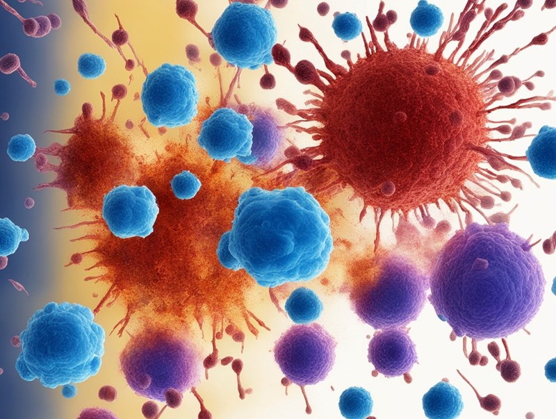 Imunološke stanice (ljubičaste i plave) napadaju tumorske stanice (crvene) u ljudskom tijelu. Visoko aktivne CD8+ T stanice tretirane natrijevim kloridom, prikazane ljubičastom bojom, pokazuju povećanu citotoksičnost i značajno oštećuju tumorske stanice  📷 Chang-Feng Chu/Leibniz-HKI