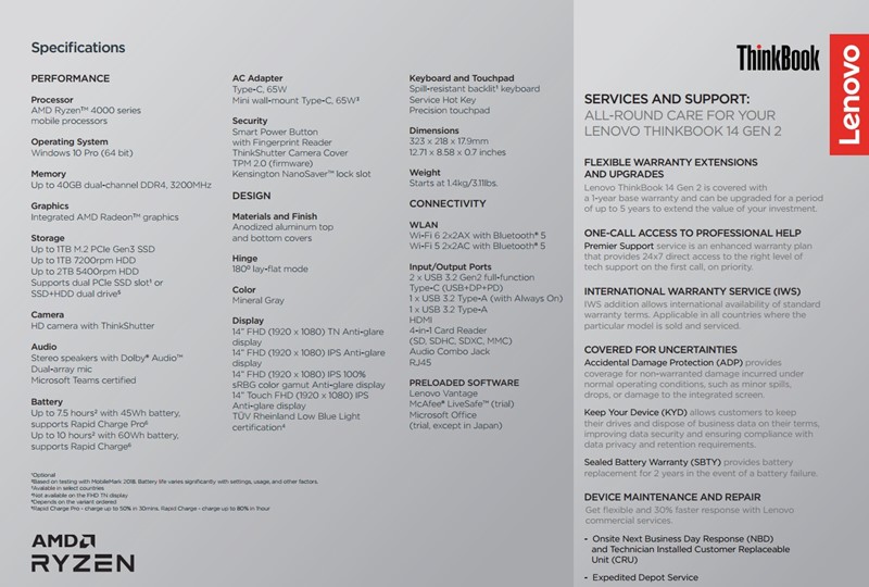 ThinkBook 14 Gen2 AMD specifikacije