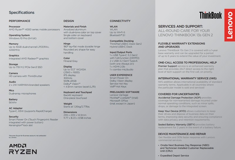ThinkBook 13s Gen2 AMD specifikacije
