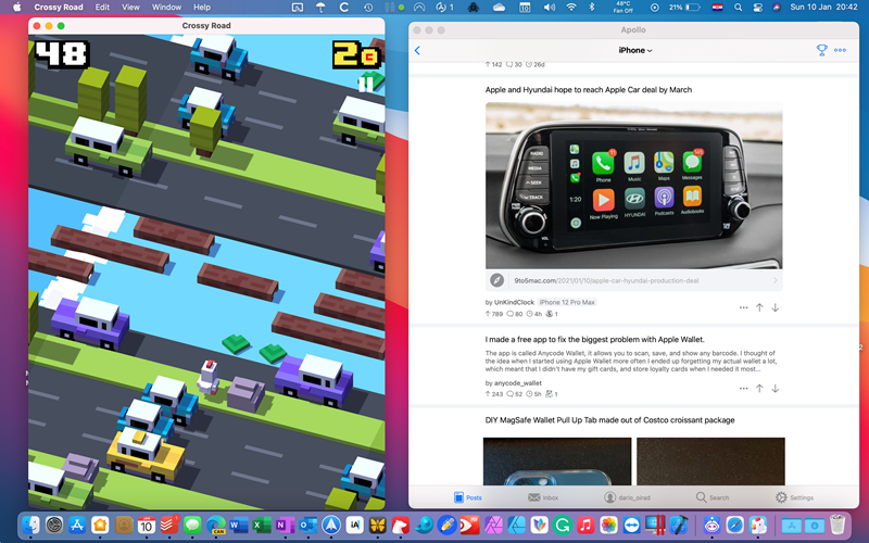 iOS aplikacije postale su, uz M1 i macOS Big Sur, ravnopravan sustanar na računalu: u ovom primjeru, Crossy Road i Apollo (Reddit klijent), obje izvorno iOS aplikacije, bez problema i posve funkcionalno rade na Macu.