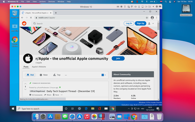 Windows on ARM, Insider preview verzija, instaliran unutar technical preview izdanja Parallels Desktopa. Unutar svega toga, Chrome, u standardnoj verziji za računala s Intelovim procesorom, radi prilično solidno pod Microsoftovom emulacijom za x64.